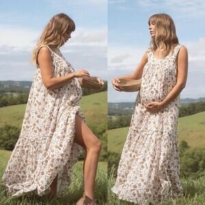 Daughters of India Bohemian Floral Maxi Dress - Cream and Brown
